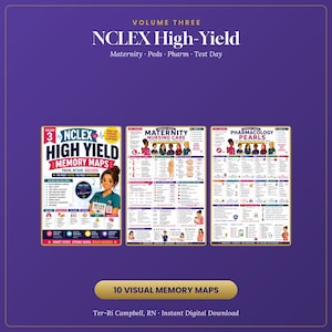 May include: A set of three educational study guides titled NCLEX High-Yield Volume Three, featuring Memory Maps for Maternity Nursing Care and Pharmacology Pearls. The guides include illustrated nursing characters, medical icons, and text.