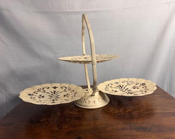Vintage Folding Three-Tier Metal Serving Stand  Shabby Chic Display Tray