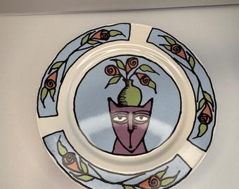 Bad Cat Collection Decorative Ceramic Plate with Cat and Flower Design