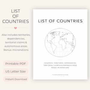 May include: A printable PDF reference guide titled LIST OF COUNTRIES featuring a black and white line drawing of a globe. The text includes: Also includes territories, dependencies, territorial claims & autonomous areas. Bonus: micronations.