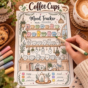 May include: A printed mood tracker sheet titled Coffee Cups and Mood Tracker Month: December. The design features shelves filled with numbered coffee mugs, hanging plants, and a color-coded key at the bottom for tracking daily moods like happy, calm, productive, tired, anxious, and stressed.