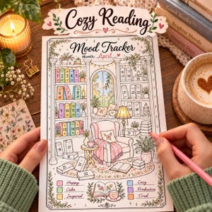 Op de afbeelding: Een geprint stemmingsdagboek met de titel Cozy Reading Mood Tracker voor de maand april. De illustratie toont een bibliotheekscène met genummerde boekenplanken van 1 tot 31, een centrale fauteuil, een lamp en een kleurgecodeerde legenda.