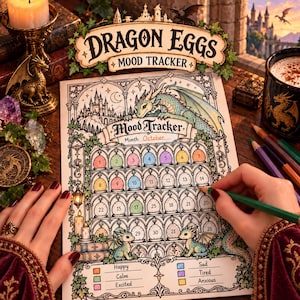 May include: A paper mood tracker titled Dragon Eggs featuring a grid of numbered egg-shaped icons for coloring. The page includes a castle illustration, dragon motifs, and a color-coded legend for tracking emotions like happy, calm, excited, sad, tired, and anxious.