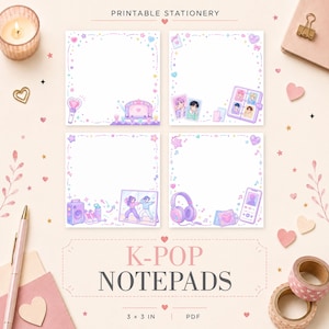 Könnte beinhalten: Vier quadratische, druckbare Schreibwarenblätter mit K-Pop-Motiven, pastellfarbenen Rändern, Lightstick, Fotokarten, Tanzübungen und Musikplayer-Illustrationen. Der Text lautet PRINTABLE STATIONERY, K-POP NOTEPADS, 3 x 3 IN, PDF.