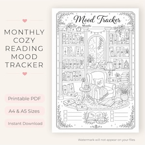 May include: A black and white printable mood tracker page featuring a cosy library scene with bookshelves, a reading chair, and numbered books from 1 to 31. The text reads Monthly Cozy Reading Mood Tracker, Mood Tracker, and Month.