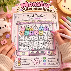 May include: A printable mood tracker sheet titled Monster claw machine with a claw machine illustration containing numbered monster characters from 1 to 31. The sheet includes a color-coded legend for moods like happy, calm, motivated, productive, tired, and stressed.
