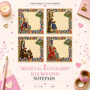Blocs de notas con manuscritos medievales iluminados, papelería imprimible, PDF de 3 x 3 pulgadas, páginas de diario medieval