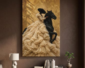 May include: A rectangular wall art print featuring a person wearing a wide-brimmed black hat and a voluminous, layered beige ruffled gown, standing beside a black horse. The background is a textured, metallic gold surface with light shadows.
