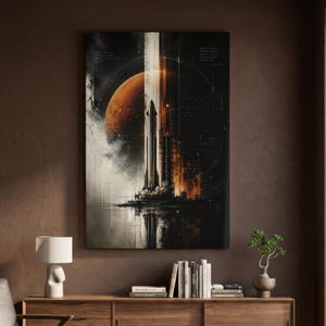 May include: A vertical rectangular wall art print featuring a central rocket ship standing on a launchpad against a dark background with a large orange planet. The composition includes abstract vertical light streaks, technical lines, and faint text.