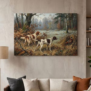 Hunting Dog Pheasant Canvas Print, Vintage Sporting Dog Wall Art, Rustic Cabin Decor, English Pointer Wildlife Art, Country Lodge Artwork