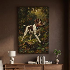 May include: A rectangular wall art print featuring a brown and white spotted hunting dog standing on a mossy log in a forest. The dog holds a pheasant in its mouth. The scene is rendered in rich, earthy tones with detailed foliage and trees.