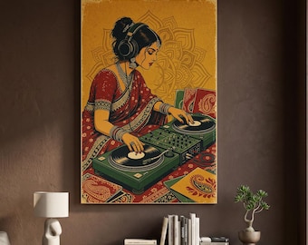 May include: A rectangular wall art print featuring an illustration of a person wearing a red sari and headphones, operating a green DJ turntable console. The background displays a yellow mandala pattern, with red and orange paisley accents.