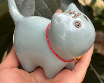 ヴィンテージ 大型 サイン入り 中国 東南アジア 磁器 手描き 伊万里 猫