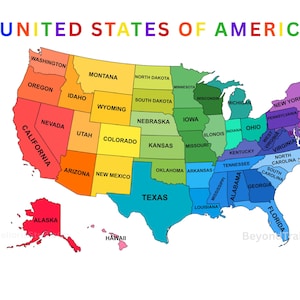 Bunte USA Karte zum Ausdrucken, Karte der USA mit Bundesstaatsnamen, Regenbogen Bundesstaaten Poster, Klassenzimmer Geographie Wandkunst, zum sofortigen Download