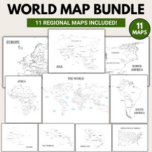 May include: A digital bundle of 11 black and white regional world maps featuring outlines of Europe, Asia, North America, Africa, South America, Oceania, the Caribbean, the Middle East, and the United States, with the text World Map Bundle.