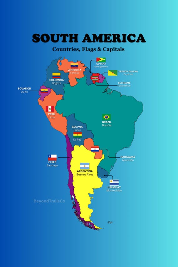 Digital Map of South America, Countries with Flags & Capital Cities, Printable Colorful Geography Poster, Homeschool Classroom Download