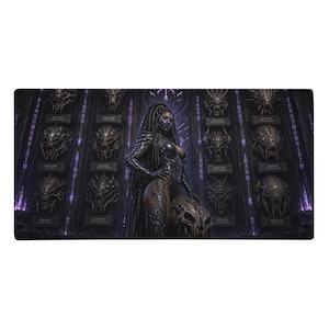 May include: A rectangular desk mat featuring a dark, science-fiction illustration of a figure with long braided hair and a metallic bodysuit standing before a wall of mounted alien skulls, accented with glowing purple light and vertical text.