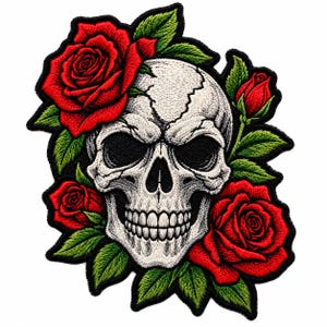 May include: An embroidered patch featuring a central white human skull with deep black eye sockets and nasal cavity, surrounded by vibrant red roses and detailed green leaves. The entire design is outlined with a thick black border.