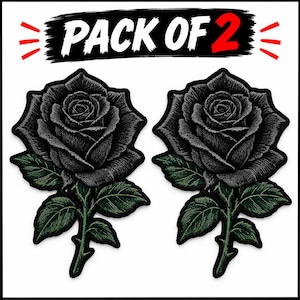 May include: A pack of 2 embroidered patches, each featuring a detailed black rose with dark green leaves and a stem. The text PACK OF 2 is displayed in white and red lettering at the top of the image, framed by red decorative lines.