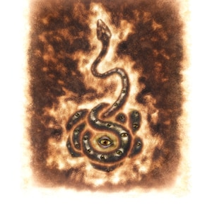 May include: An illustration of a snake with multiple eyes, rendered in shades of brown and tan. The snake's body is coiled, with a large eye at the center. The artwork has a textured, almost smoky appearance, with a bright, white border.