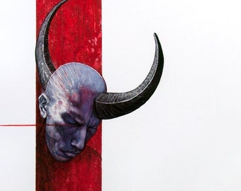 Devil, Beast, God, Original Large Oil Painting, Ink