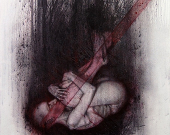 Devil, Birth, Fetus, Original Large Oil Painting, charcoal