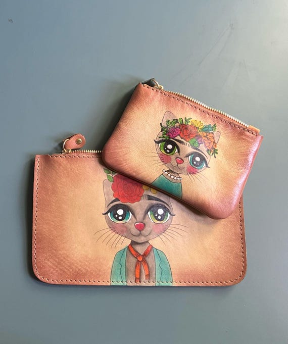 cat sisters leather coin pouch set - hand painted twin cat characters- kawaii animal art wallets