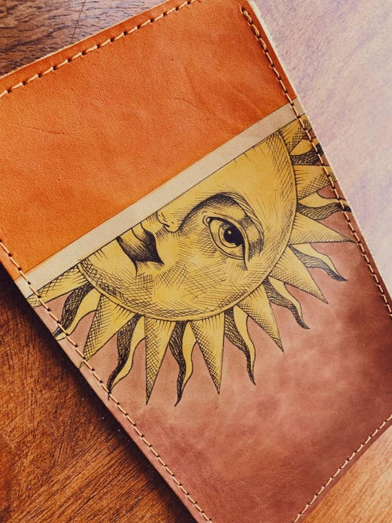 Golden Horizon Leather Wallet - Handmade Full Grain Clutch With Vintage Sun, Boho Celestial Gift