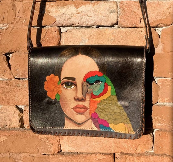 Eye And Parrot - Hand Painted Leather Bag