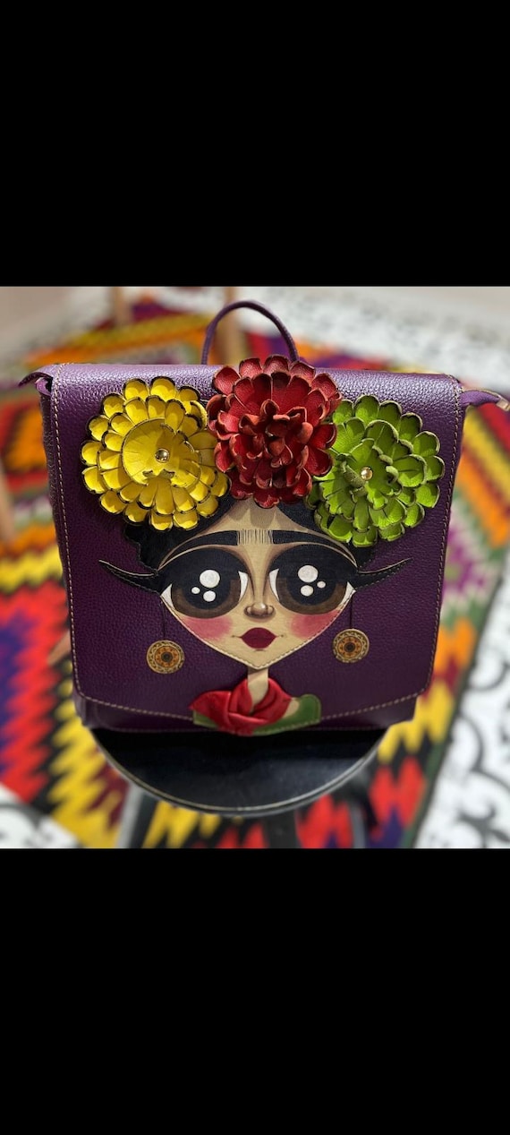 Purple Frida Backpack – Hand-Painted Artistic Leather Bag