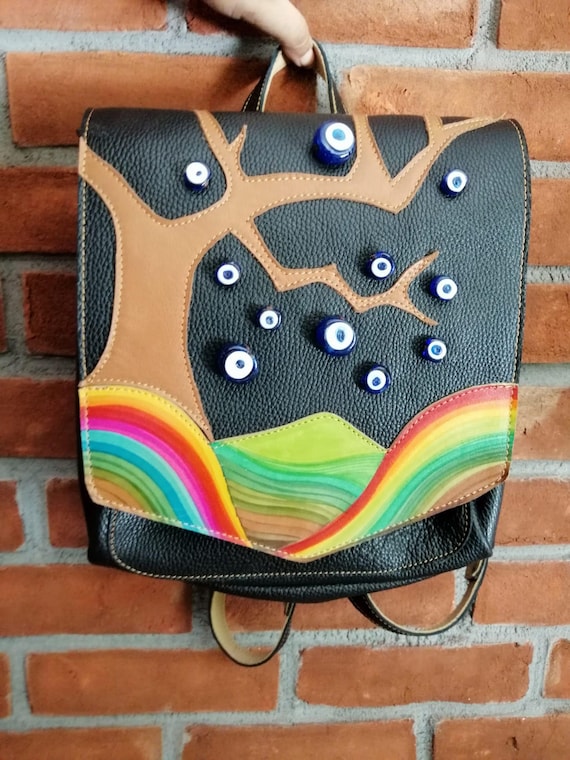 Tree Of Eyes - Hand Painted Leather Backpack