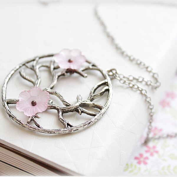 Cherry blossoms tree of life pink lucite floral silver long layering necklace romantic woodland vintage victorian style jewelry for her