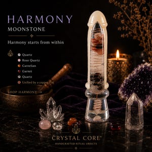Puede incluir: Un objeto con forma fálica hecho de resina transparente que contiene piedras de cuarzo, cuarzo rosa, cornalina y granate envueltas en una bobina de cobre. El texto dice HARMONY, MOONSTONE, Harmony starts from within y CRYSTAL CORE.