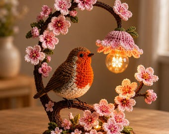 Può includere: Una lampada da tavolo decorativa con un pettirosso all'uncinetto appollaiato su un ramo curvo decorato con fiori di ciliegio rosa. La lampada include una lampadina luminosa che pende da un paralume all'uncinetto su una base circolare.