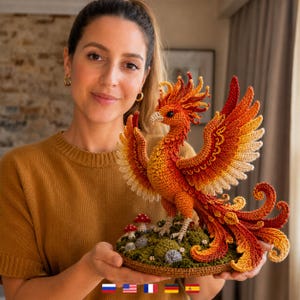 Könnte beinhalten: Eine handgefertigte Häkel-Phönix-Figur mit leuchtend rotem, orangefarbenem und gelbem Garngefieder, ausgebreiteten Flügeln und einem langen, geschwungenen Schwanz. Der Fabelvogel steht auf einer strukturierten grünen Basis mit kleinen Pilzen.
