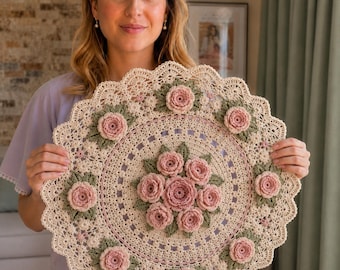 Può includere: Un centrino rotondo all'uncinetto color crema con un gruppo centrale di sette rose rosa tridimensionali e foglie verde salvia. Il bordo esterno è decorato con otto rose aggiuntive e una finitura in pizzo smerlato.