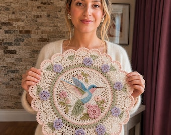 Può includere: Un centrino rotondo all'uncinetto color crema con un colibrì ricamato al centro nei toni del blu, rosa e verde. Il centrino è decorato con piccoli fiori in rilievo color lavanda e rosa e presenta un bordo smerlato con finiture rosa.