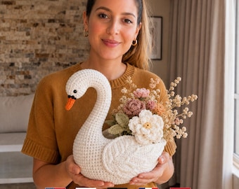 Schema per cestino di fiori a forma di cigno all'uncinetto / Elegante centrotavola a forma di cigno / Decorazione floreale per la casa - Schema PDF all'uncinetto / Download immediato
