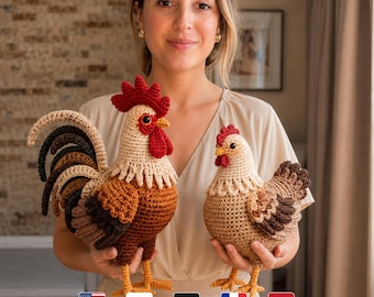 Rooster & Hen Crochet Pattern | Farm Animal Amigurumi PDF | Chicken Crochet Pattern | Rustic Farmhouse Decor | Instant Download
