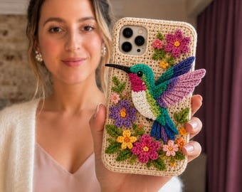 Può includere: Una custodia per telefono in uncinetto beige con un colibrì tridimensionale dalle ali verdi, bianche e viola. Il design include vari piccoli fiori colorati all'uncinetto nelle tonalità del rosa, viola e giallo, accentuati da foglie verdi.