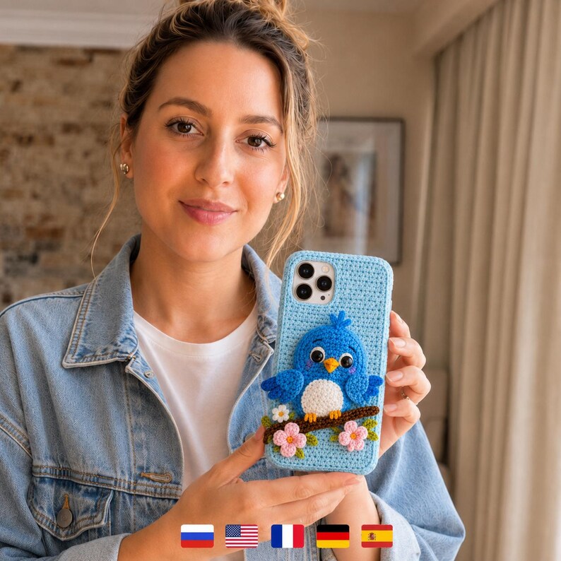 May include: A light blue crochet phone case featuring a three-dimensional blue bird with a yellow beak and white belly, perched on a brown branch with small pink and white flowers. The case has a textured knit pattern and cutouts for the camera.