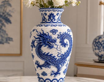 Può includere: Un vaso bianco con superficie testurizzata caratterizzato da un prominente motivo a drago blu. Il vaso presenta un bordo svasato e una base affusolata, decorati con intricati motivi blu. È riempito di fiori bianchi e mostra una trama intrecciata.