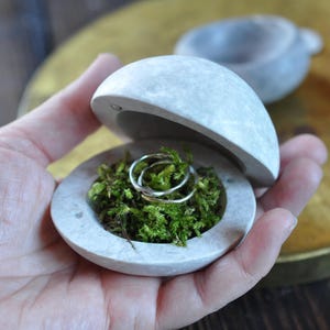 Pode incluir: Uma pequena caixa de anéis redonda em pedra cinza-claro com tampa articulada. O interior da caixa está preenchido com musgo verde vibrante, que contém dois anéis finos de metal prateado. O exterior do recipiente de pedra é liso.