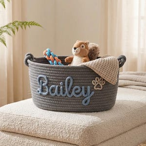 May include: A dark grey woven rope storage basket featuring the name Bailey in light blue script lettering and a small paw print appliqué. The basket contains a plush squirrel toy, a colourful braided rope toy, and a beige textured fabric cloth.