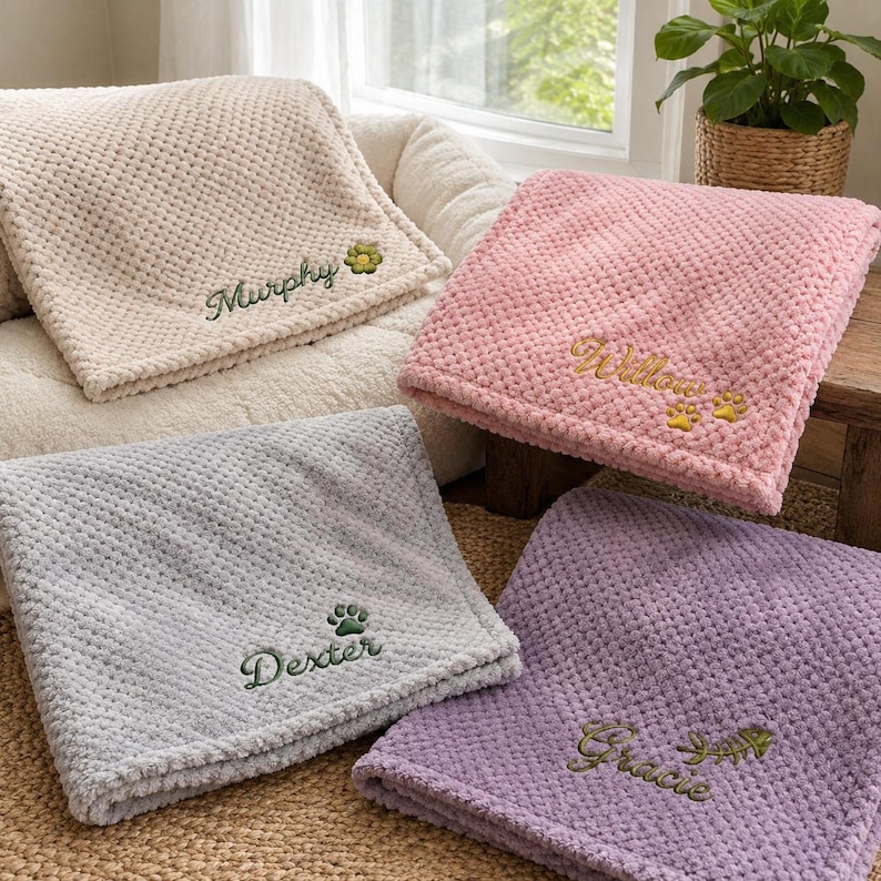 May include: Four soft, textured waffle-knit blankets in cream, pink, gray, and purple. Each blanket features embroidered names: Murphy with a flower, Willow with paw prints, Dexter with a paw print, and Gracie with a fish bone design.