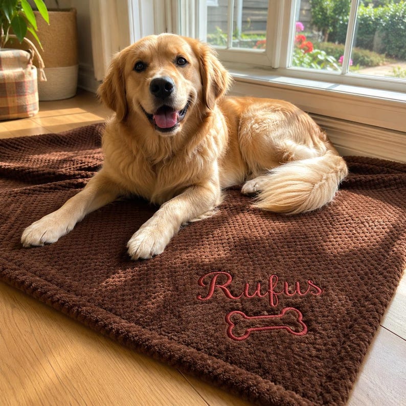 May include: A golden retriever dog lying on a dark brown textured blanket. The blanket features the embroidered name Rufus in red script lettering above a red embroidered dog bone shape. The dog has light golden fur and an open mouth expression.