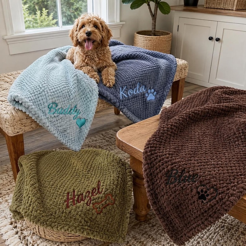 May include: Four soft, textured waffle-knit blankets in light blue, dark blue, olive green, and brown. Each blanket is personalized with embroidered names: Buddy with a heart, Koda with a paw print, Hazel with a bone, and Blue with a paw print.