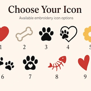 May include: A chart titled Choose Your Icon with the subtitle Available embroidery icon options. It displays nine numbered icons: a red heart, a beige bone, a black paw print, a heart with a paw, a yellow flower, two paw prints, a paw with a heart, a red fish skeleton, and a red heart.