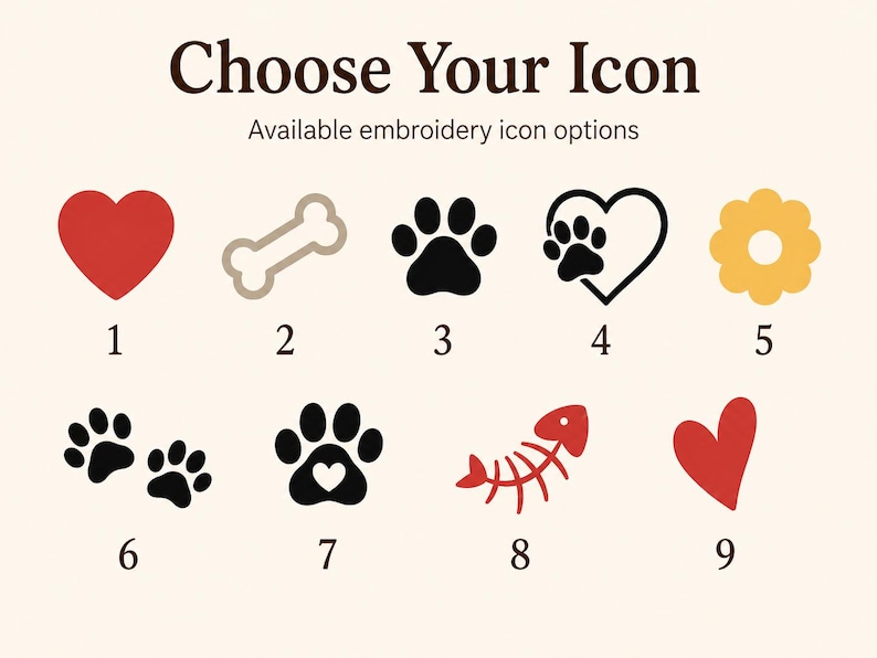 May include: A chart titled Choose Your Icon with the subtitle Available embroidery icon options. It displays nine numbered icons: a red heart, a beige bone, a black paw print, a heart with a paw, a yellow flower, two paw prints, a paw with a heart, a red fish skeleton, and a red heart.