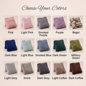 May include: A grid of fifteen small, folded, textured fabric squares labeled Choose Your Colors. The colors include pink, light pink, smoked purple, purple, beige, dark blue, light blue, smoked blue, dark green, military green, light grey, knick, dark grey, light coffee, and dark coffee.